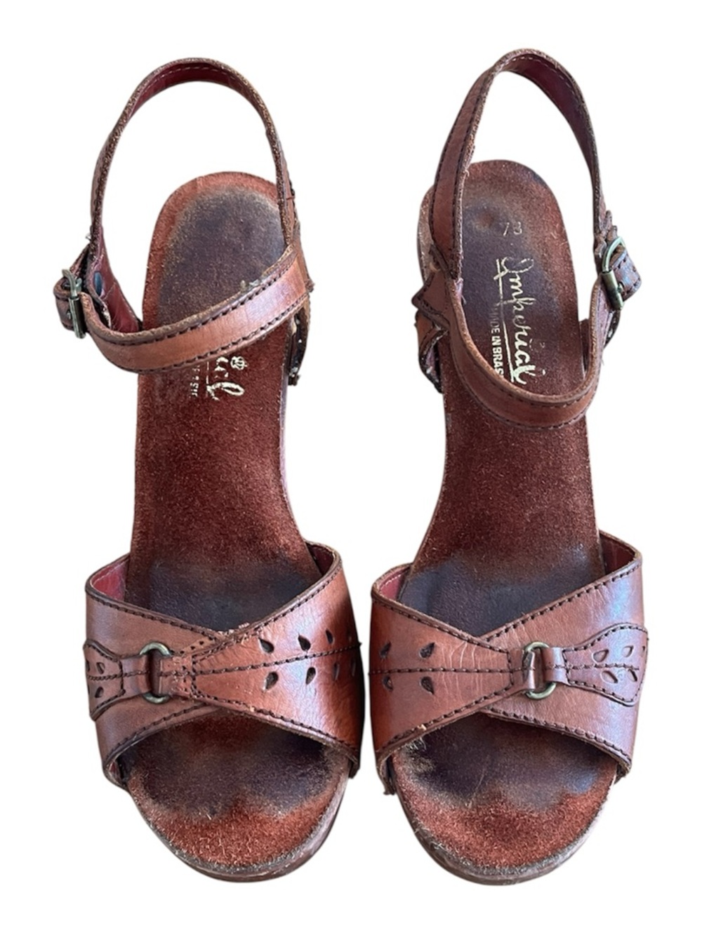 True Vintage 70’s Imperial Leather Brown Strappy Platform wood Sandals size 7 - Picture 2 of 9